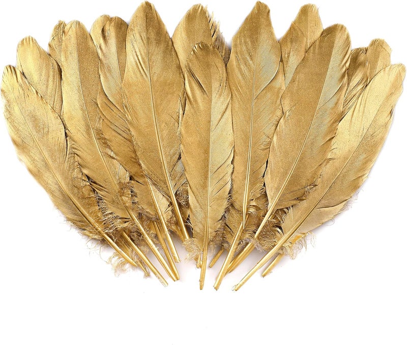 Larryhot Gold Goose Feathers for Crafts - 6-8 inch 60 pcs Natural Feathers for Wedding Party Decorations,DIY Crafts and Clothing Accessories (Gold) - Image 1